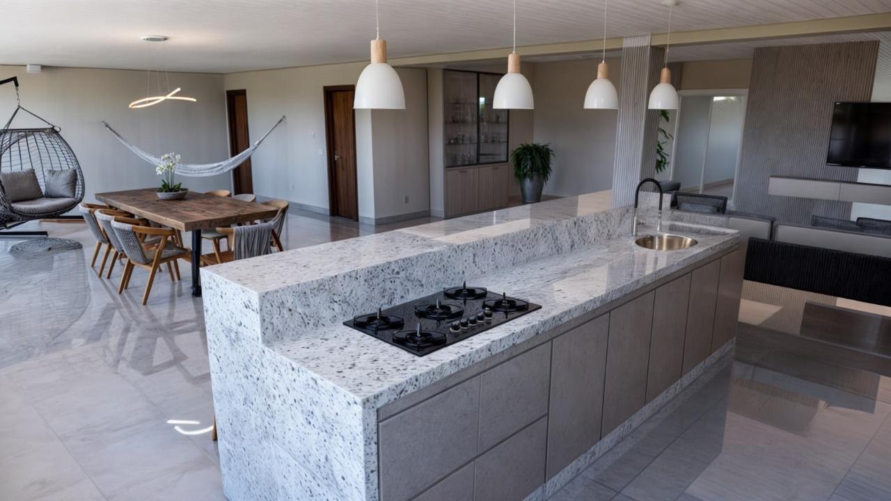 Sala de estar e jantar integradas de casa entregue, com bancada em granito, rede e mesa de madeira