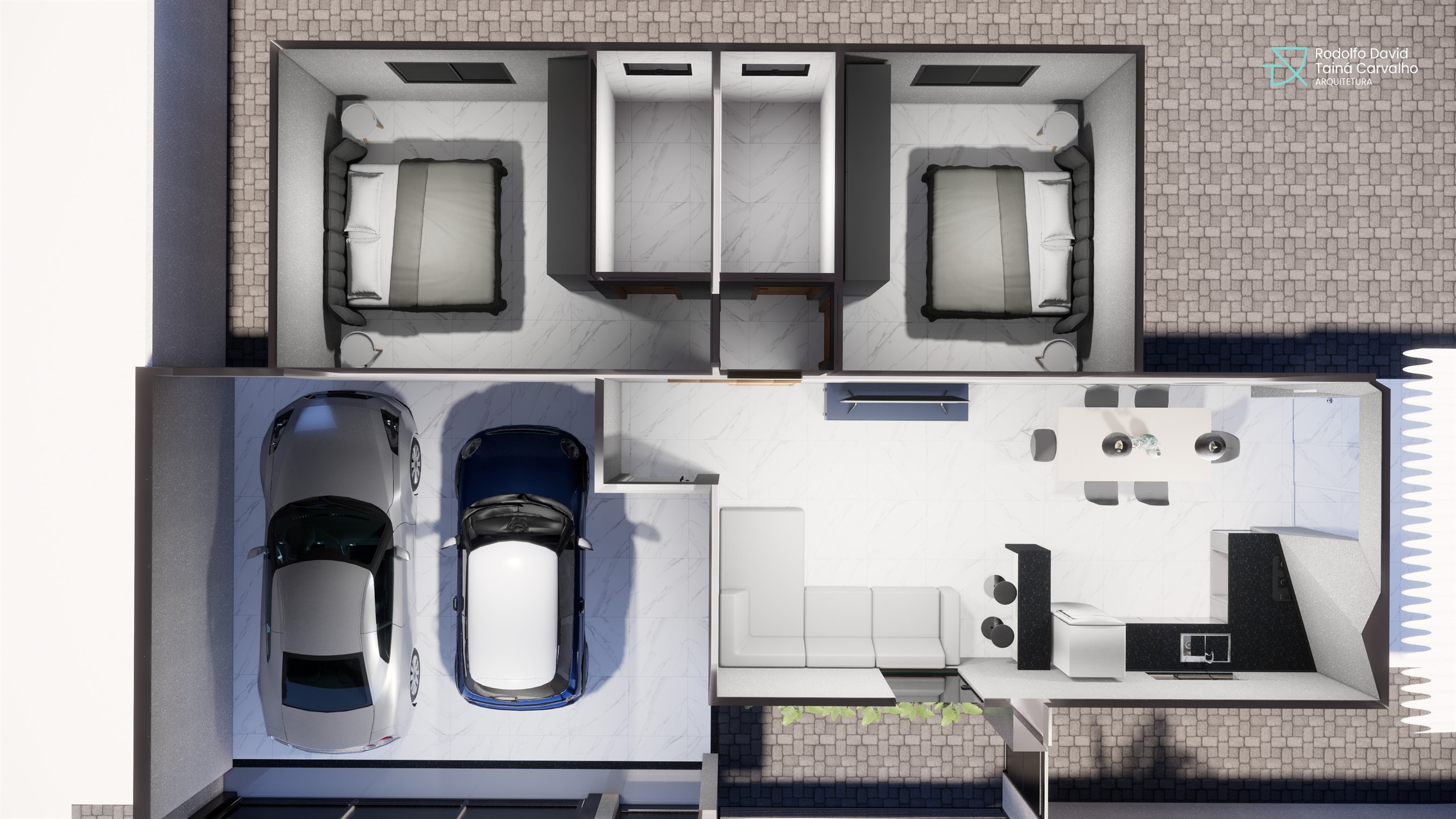 Planta humanizada completa da casa, com dois dormitórios, banheiros, área social e garagem