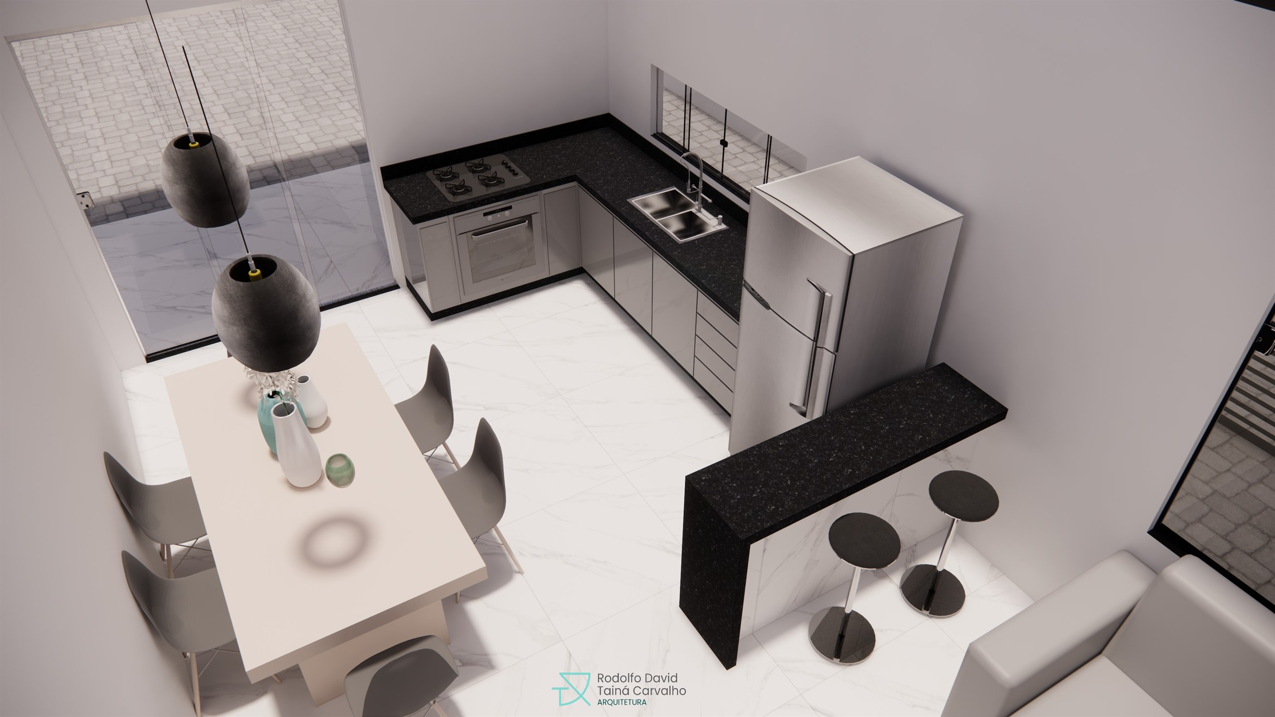 Projeto de cozinha integrada à sala de jantar, com bancada de granito e mesa para quatro pessoas