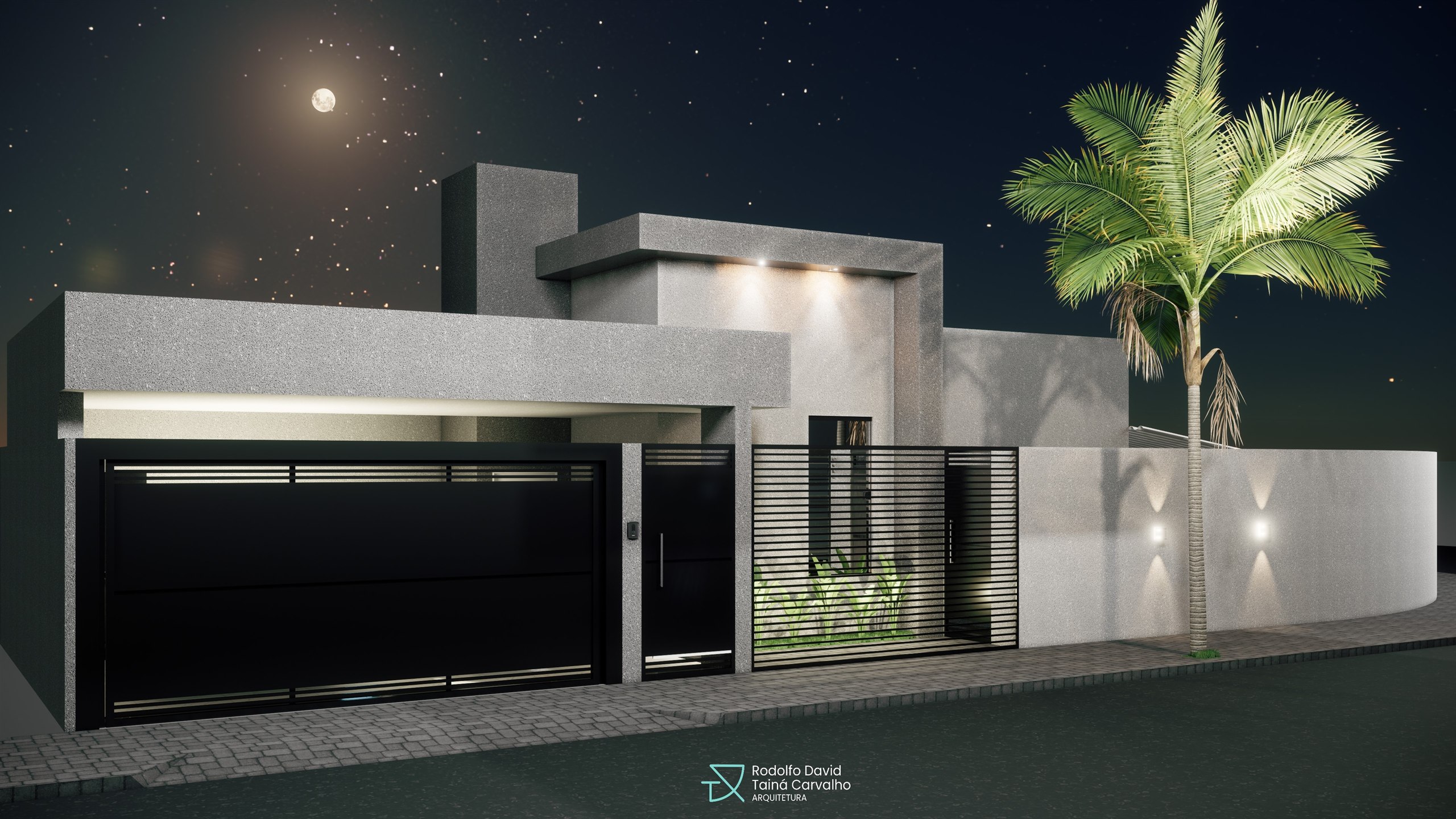 Projeto de fachada de casa térrea iluminada à noite, com volumes retos e portão escuro