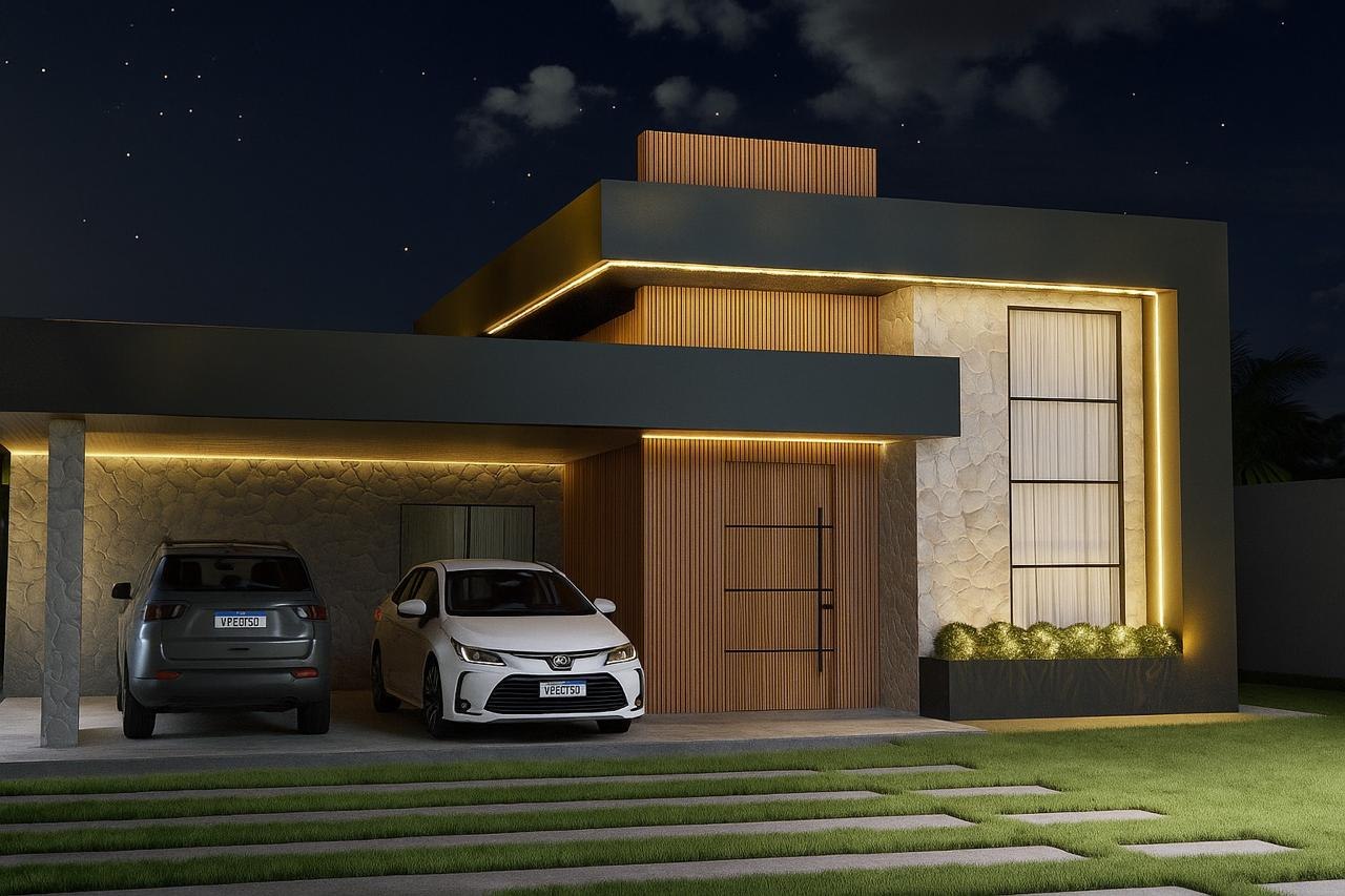 Projeto de casa com garagem coberta, revestimento em pedra e iluminação embutida no beiral