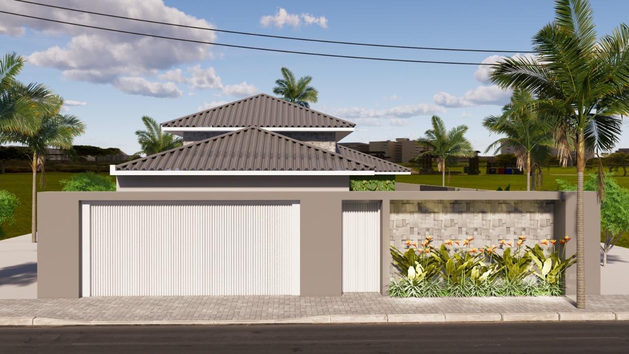 Projeto de casa térrea com telhado aparente, portão de correr e jardim de entrada florido