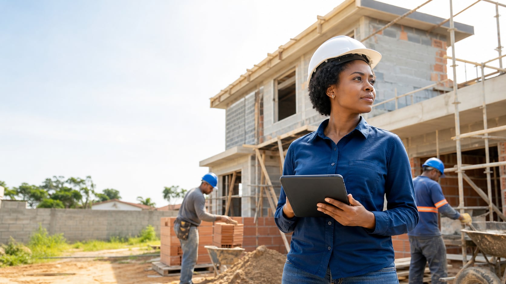 Engenheira negra acompanhando obra residencial organizada com tablet