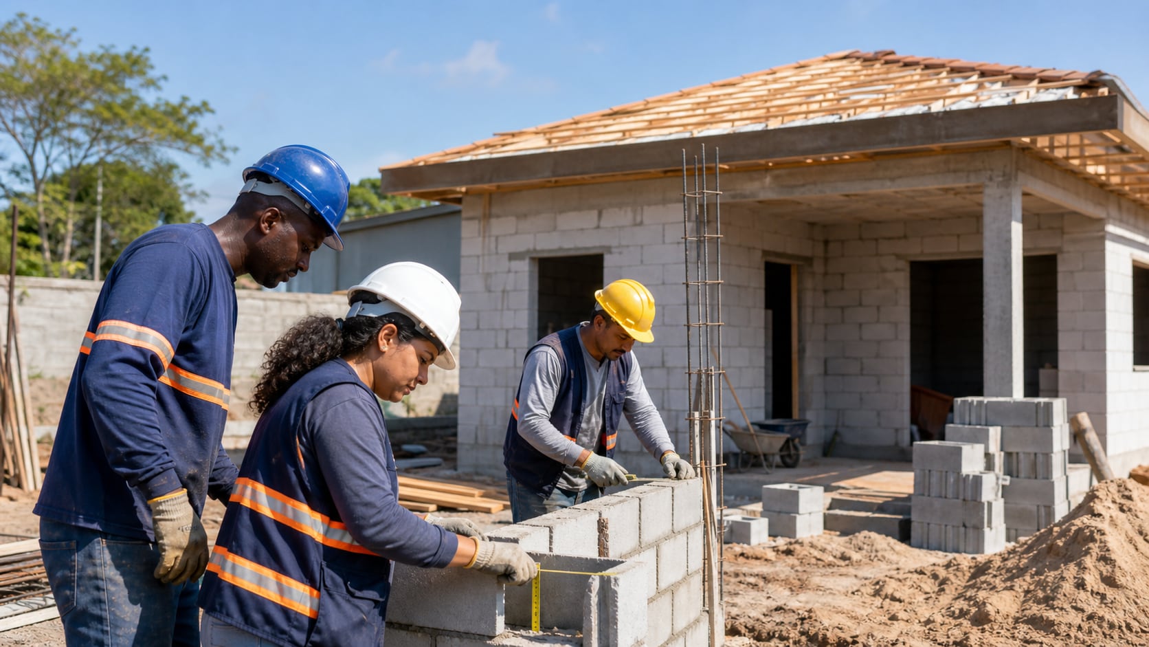 Trabalhadores conferindo medição em obra residencial térrea