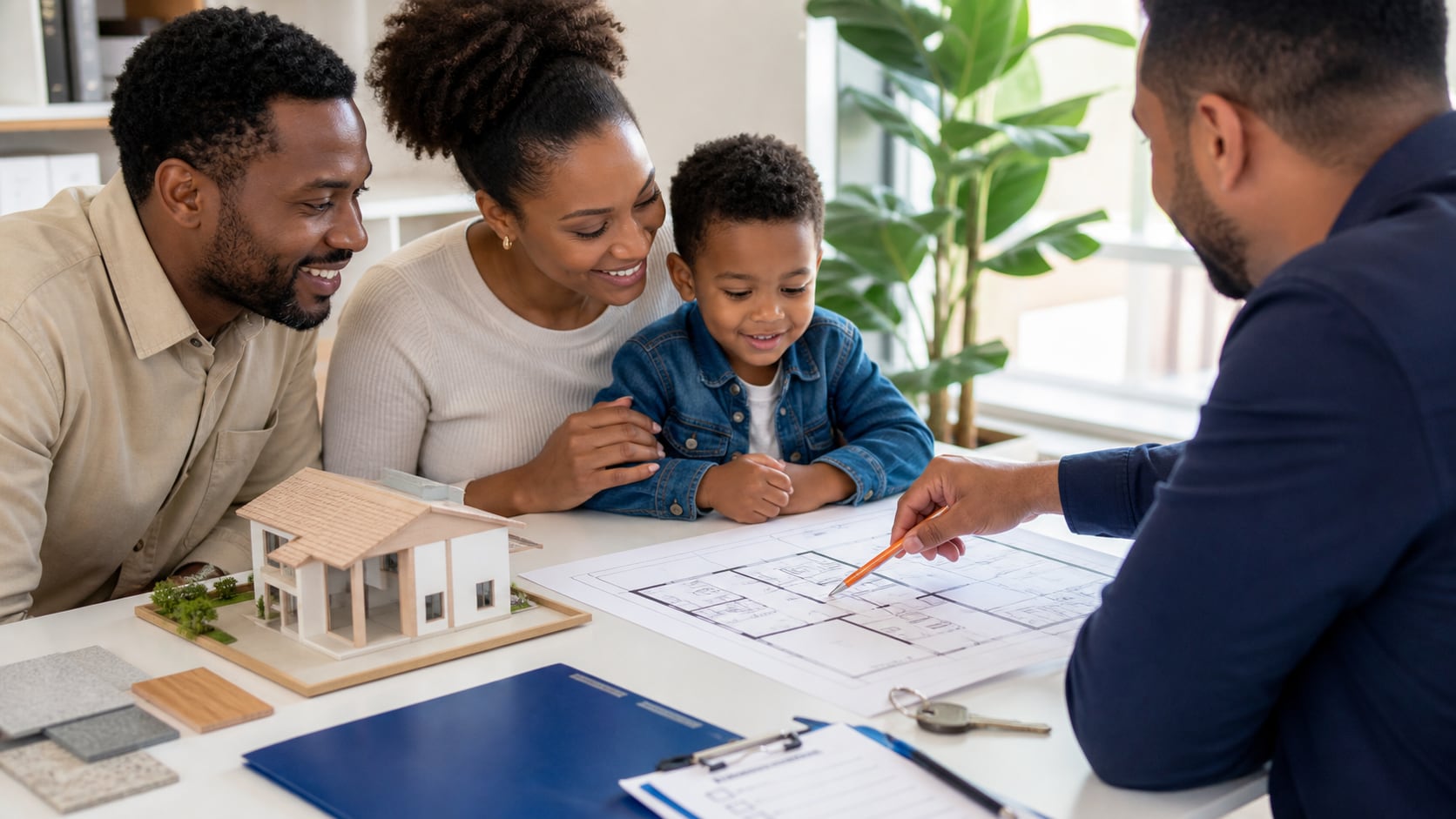 Família negra recebendo orientação sobre projeto e etapas da construção